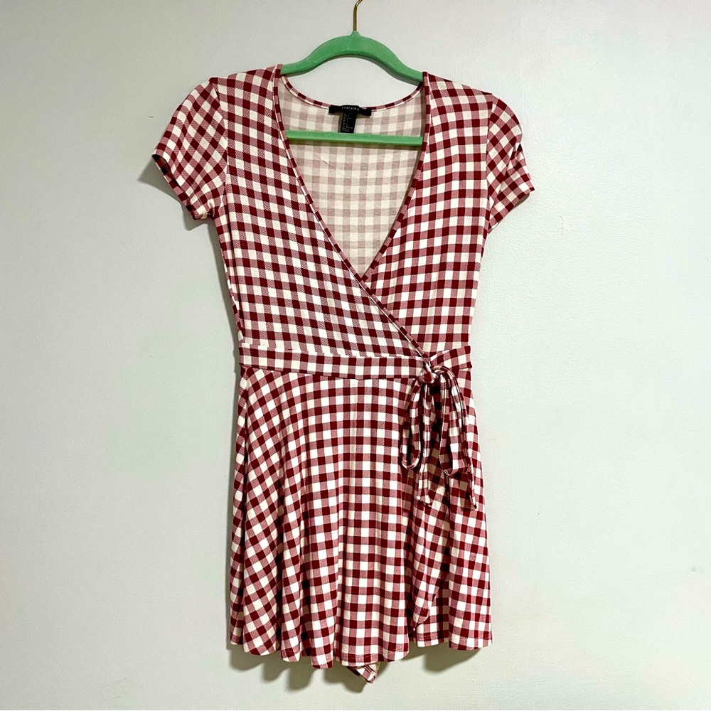 Forever 21 Red and White Gingham Print V-Neck Short-Sleeved Tie Front Romper